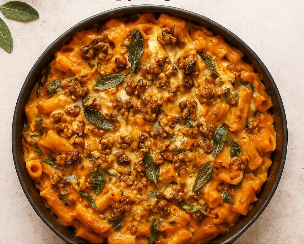Pumpkin Pasta Bake with Crispy Sage Walnuts