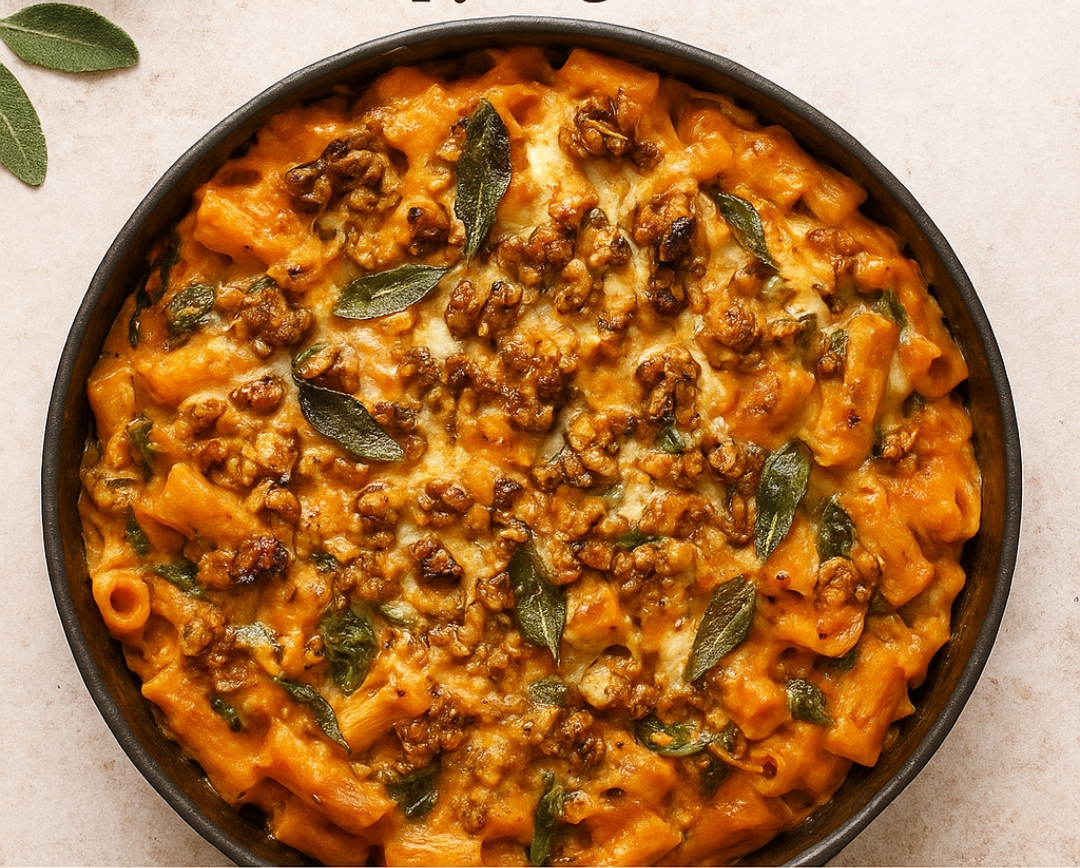 Pumpkin Pasta Bake with Crispy Sage Walnuts
